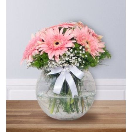 akvaryum vazo da pembe çiçekler 